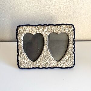 Vintage Genuine Silver Plated Photo Picture Frame Double Heart Blue Velvet Back